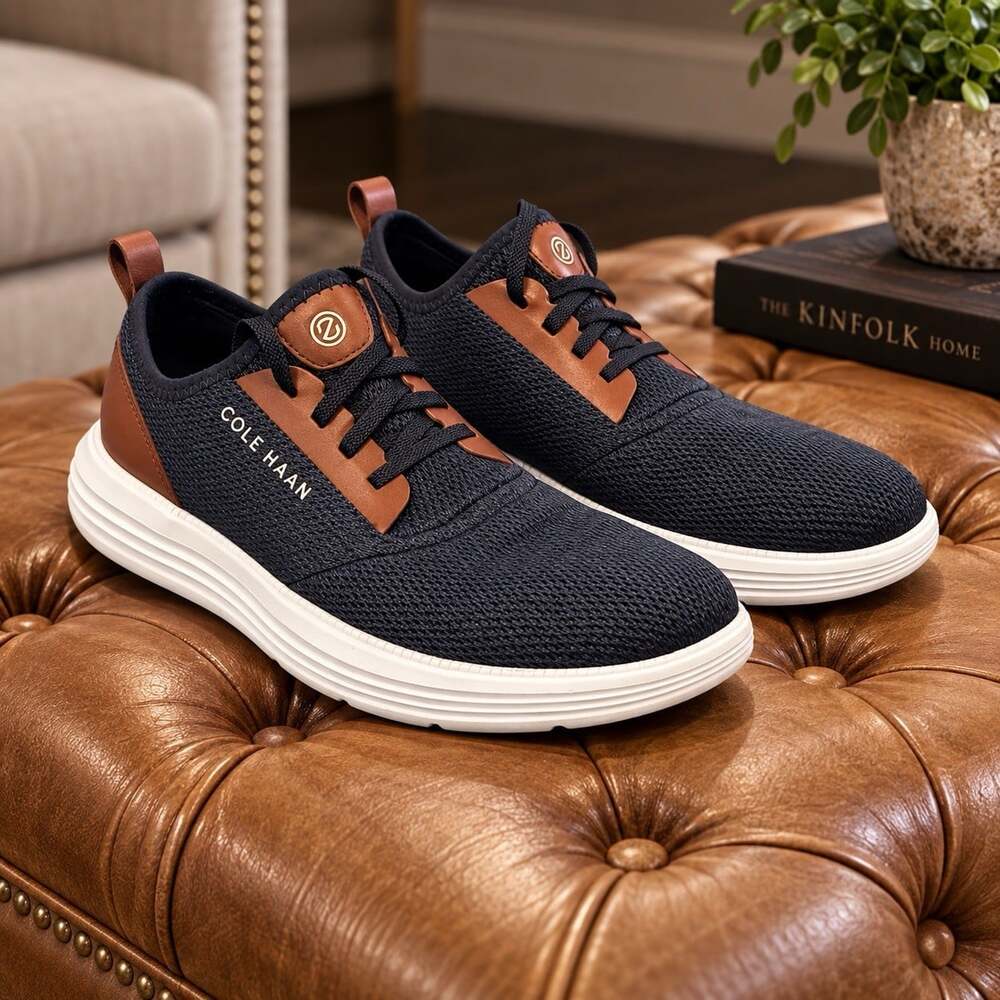 Cole Haan Grandsport Journey Knit Sneakers Men’s 9M Navy Brown White C32582